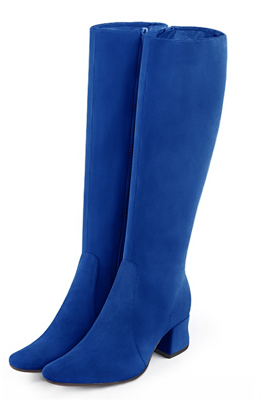 Bottes femme feminines sur mesures bleu electrique Mollets fins ou larges Bout rond. Petit talon evase. Personnalisation. Modele Stan Paris Trotteur